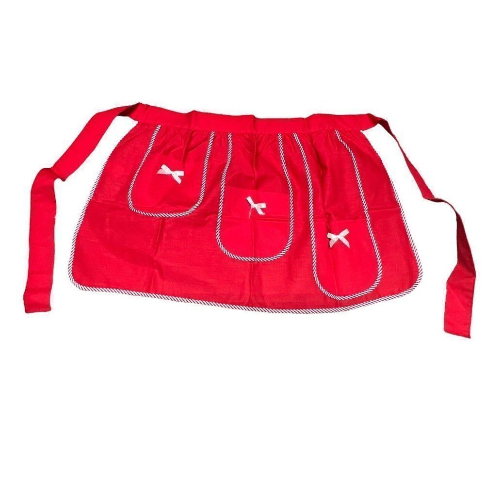 Vintage Handmade Red Bow Half Apron Pockets Cottagecore Garden Farm Chore